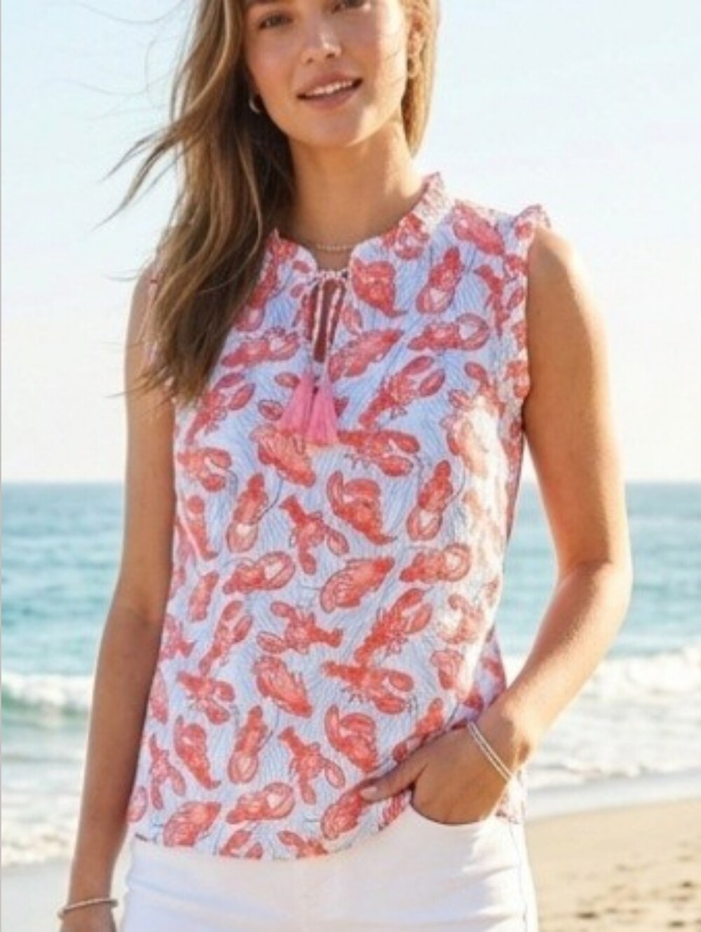 Talbots Lobster Print Cotton Sleeveless Tassel Tie Ruffle Top Size MP Coastal